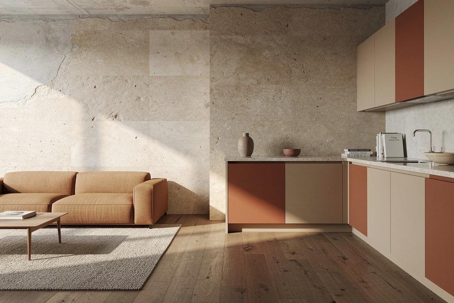 Renovation interior concept with warm materials and clean lines